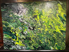 OOAK Original Abstract Fluid Art Painting Framed Medium Green Yellow Black Swirl