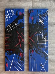 abstract painting, abstract art, red, blue, black, white, scrap wood, acrylic