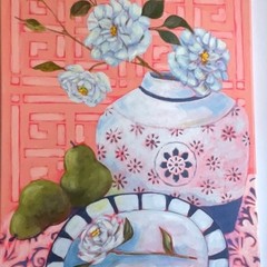 White Roses and Green Pears Original Acrylic Still Life Painting 16 X 20 Canvas