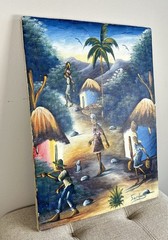 Haitian Folk Art Village Scene Painting by Sanfar Signed & Inscribed Canvas VTG