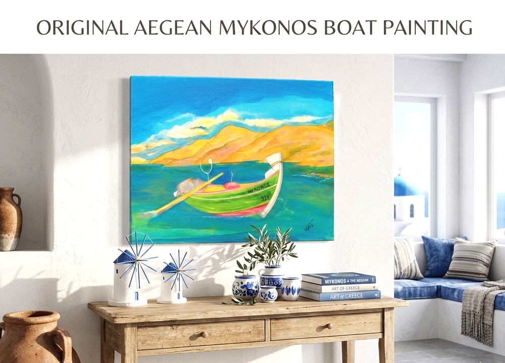 Original Mykonos Greece Boat Painting Acrylic on Canvas Signed Vytas 16×20 Art