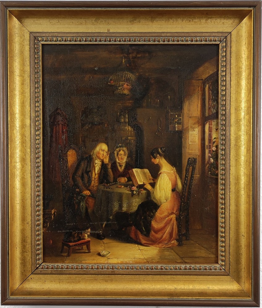 ANTIQUE 19TH C. INTERIOR GENRE SCHOOL OIL PAINTING ON CANVAS, „SUNDAY EVENING“.