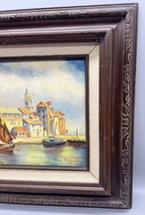 Vintage Pattern Framed Matted Harbor Scene Boats Water Oil Painting Signed Bryce