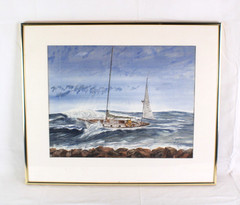 Nautical Lone Sailor Braking Waves Watercolor Painting Signed L N Berdan