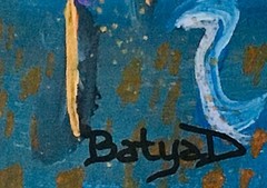 Original Abstract Painting Blue Orange Sold by Artist Batya Deene 8-1/4×12