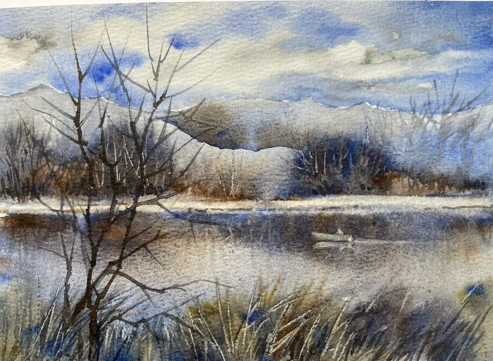 Pamela Wilhelm Original Watercolor Evening Return Winter River Fishing 6”x8”