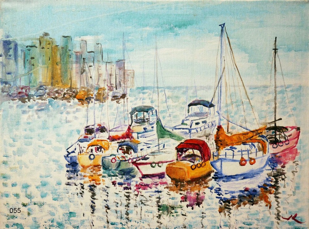 „Vancouver Harbor Boats“ # 055- Original Oil Painting by Julia Lu 18×24″
