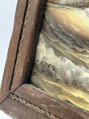 Antique Oil Seascape Painting Signed C. Rownay in Rustic Rope Wood Frame 12.5×10