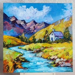 original oil painting Irish Cottage Mountain Landscape River wall art 8*8 inch