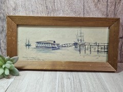 Signed 1918 Harbor Scene Watercolor Ink Wash Framed Artwork Vintage Nautical…