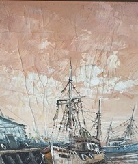 VTG Oil Painting Harbor Scene w/ Fishing Boats Framed Dockside Coast MCM Signed