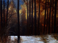 A impressive paint showing a mysterious forest in a snowy and luminous day