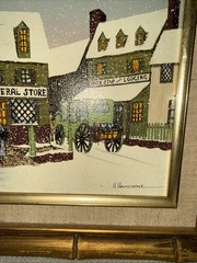 H. Hargrove Signed Winter Oil Painting General Store Gold Framed Snowy Town