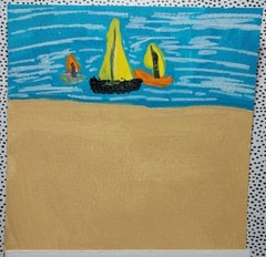GAT BOAT SEASCAPE LAKE Acrylic Painting Whimsical Art 4X4 INCH NEW