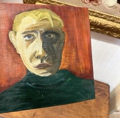 Small Original Acrylic Board Male Portrait 8″ Square Unsigned Unusual Painting