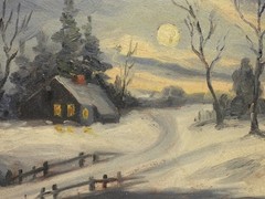 QUAINT! Antique C.1910 Gerard Johnson Illuminated Moonlight O/B Painting 6″x8″