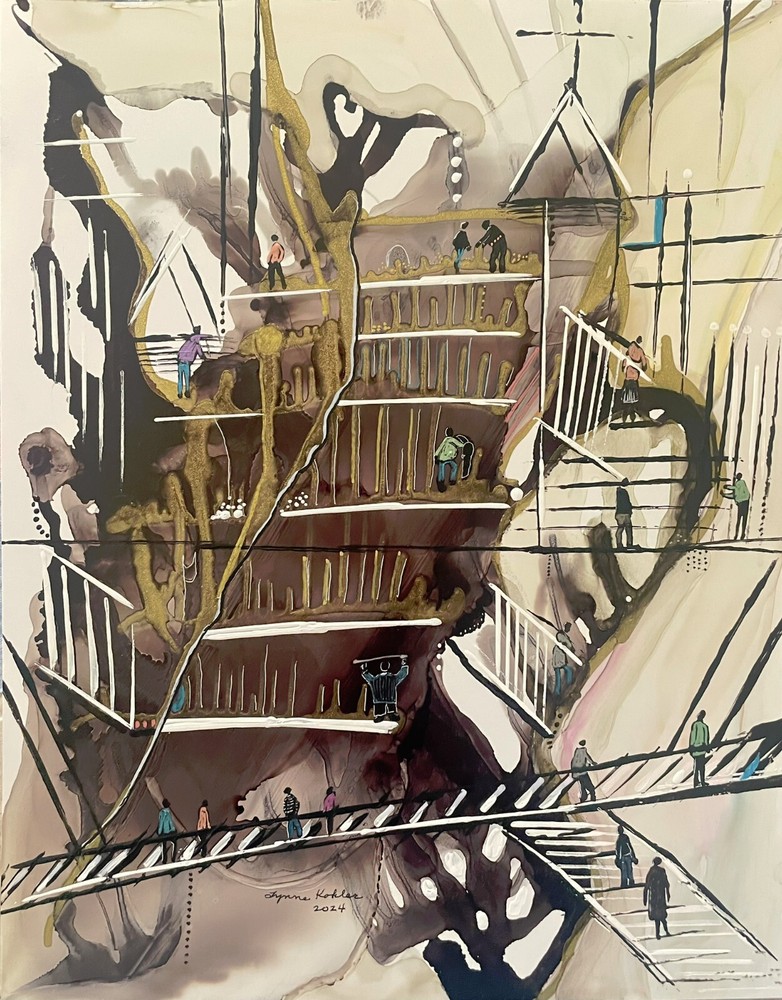 Original 11×14″ figures people work architecture painting by Lynne Kohler