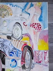 1950s Cars MGT JAGUAR PIN UP WATERCOLOR ART PAINTING VINTAGE