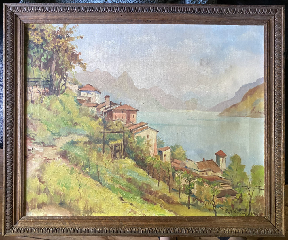 ::OIL PAINTING °ITALY LAKE GARDA SHORE SOUTHERN COAST SWITZERLAND HOUSES FRAME ANTIQUE OIL