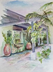 Painter Suzanne Obrand, Holocaust Survivor, Watercolor Painting „Florida Patio“