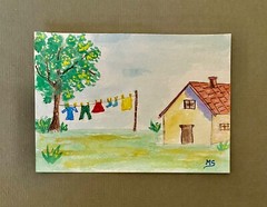 Country Living ORIGINAL ACEO painting Clothesline Art Farm house Laundry
