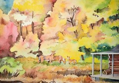 Beautiful Painting Log Cabin Fall Landscape with Animals Bear, Deer and Raccoon