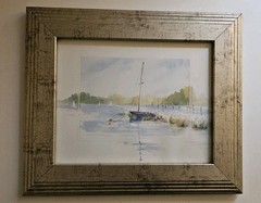 Sarah Malin 11×13 Water Color Painting Sail Boat Lake Framed-Glass -Small Defect
