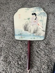 Vintage Japanese Silk Painted Fan Geisha Garden Bamboo Bird Flowers Signed