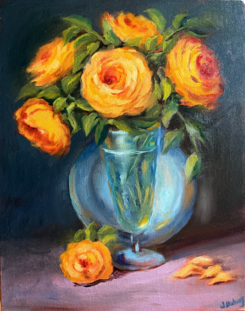 Golden Roses in a Blue Vase- Original Rose Oil Painting, 11×14 Floral Still Life
