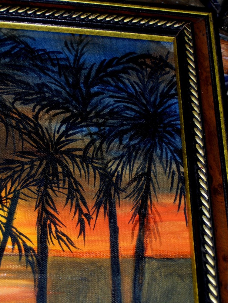 Lake Landscape Sunset Reflections Sea shore Palm Trees by Water Oil Painting