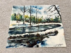 Original T.F. Hermansader 1974 Watercolor Wooded River Landscape on Paper