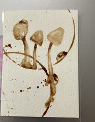 Aceo Original Mushrooms Coffee Painting Ladybug Java Lover ATC Art Gift