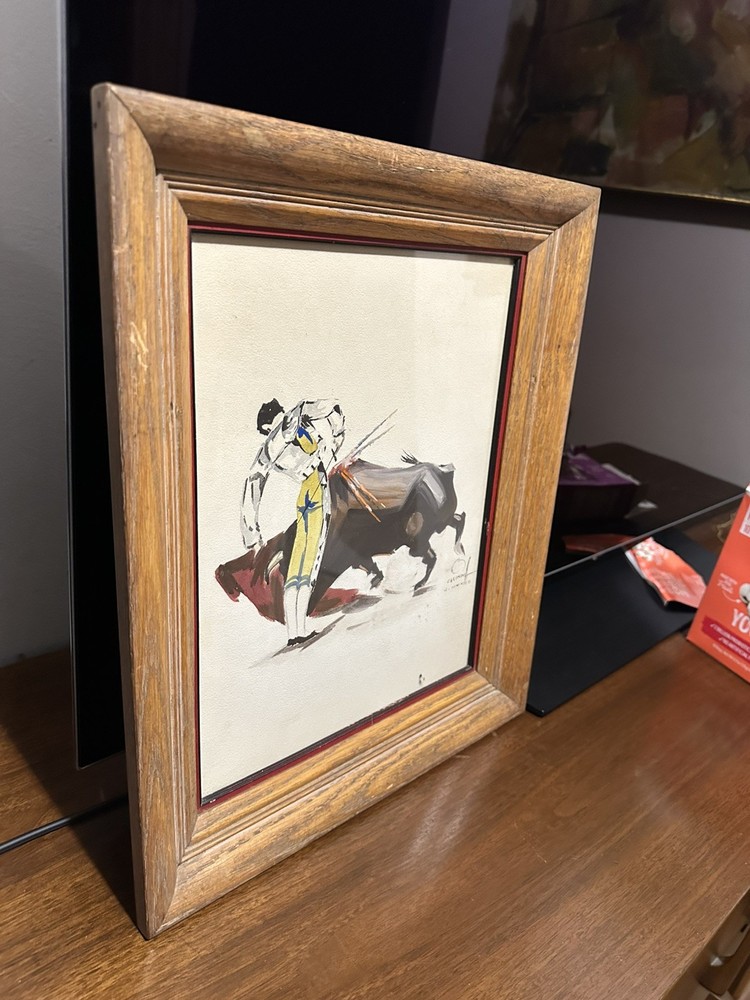 VTG MCM SIGNED ORIGINAL MATADOR BULL FIGHTING PAINTING by ARTIST CALINDOR MEXICO
