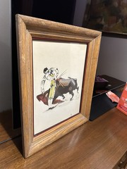 VTG MCM SIGNED ORIGINAL MATADOR BULL FIGHTING PAINTING by ARTIST CALINDOR MEXICO