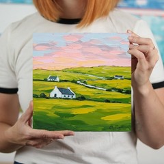 Original Irish Landscape Oil Painting Green Fields White Cottage Impressionist