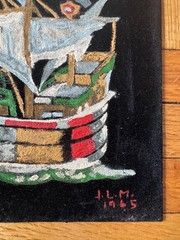 Vtg Black Velvet Painting Tall Ship Water Scene 8 X 10” Signed Dated 1965