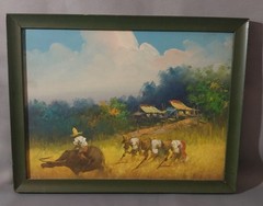 Vintage Mid-Century Philippine Mabini School Oil Painting-Rice Harvest Scene