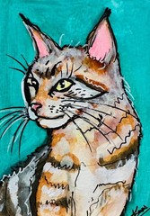 ACEO Whimsical Brown black white Cat Painting Cute Folk Art Original OOAK Pet