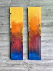 abstract painting, abstract art, orange, blue, yellow, scrap wood, acrylic