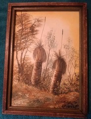 VINTAGE JOHN DIMECH ACRYLIC PAINTING on HARDBOARD AUSTRALIAN OUTBACK GRASS TREES