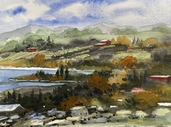 Pamela Wilhelm original 6”x8” Watercolor Pastoral River Farms Trees Fields