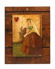 Vintage European Folk Art Oil Painting Wood Panel Lady Figure Signed 11×14.5”