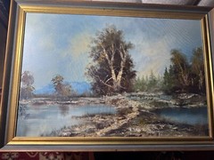 Huge „River And Landscape Scene“ Oil Painting – Signed And Framed