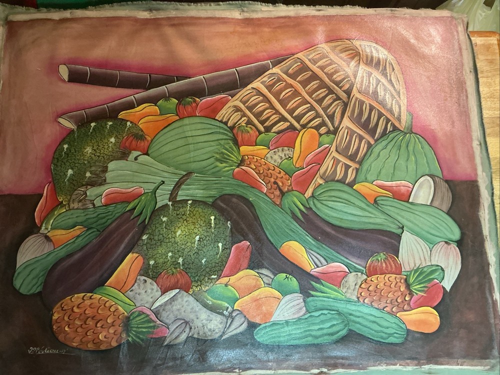 Signed Haitian fruit vegetables and basket original large painting on Canvas