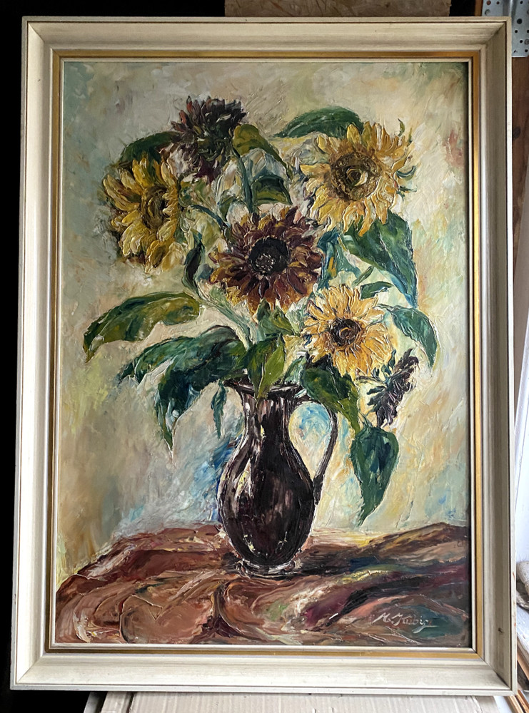 Antique Oil Painting Still Life With Sunflower Jug Flowers A. Kubig Frame