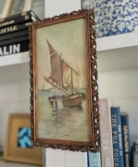Original 1880s Watercolor of a Sailboat in a Harbor / Set in Antique Wood Frame