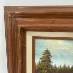 Vintage Folk Art Oil On Canvas Painting Wooden Frame Linen Lined Rustic Cabin