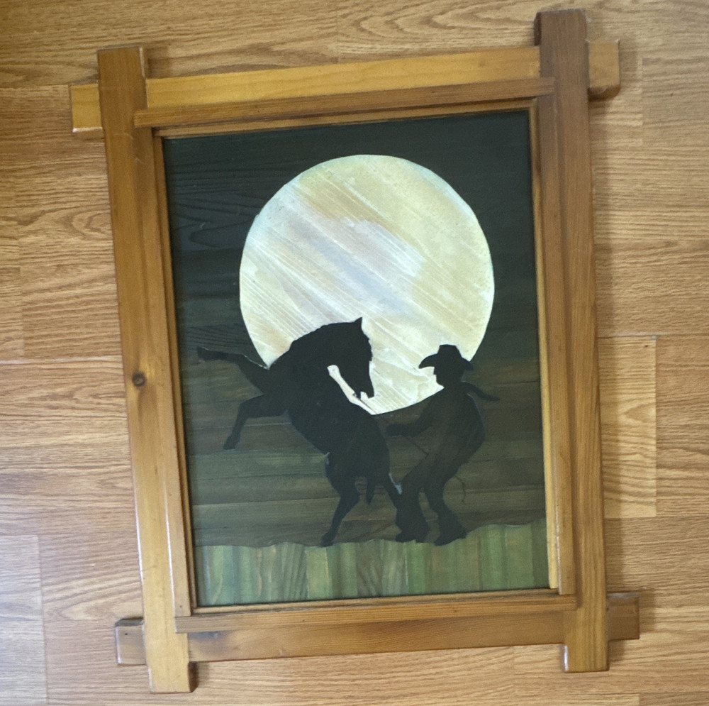 Framed Western Americana Painting Set Cowboy Horse Moon Silhouettes