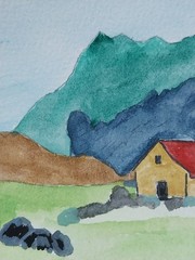 GAT Original Painting 4×4 Red Roof House Landscape Cottagecore Homedecor Art