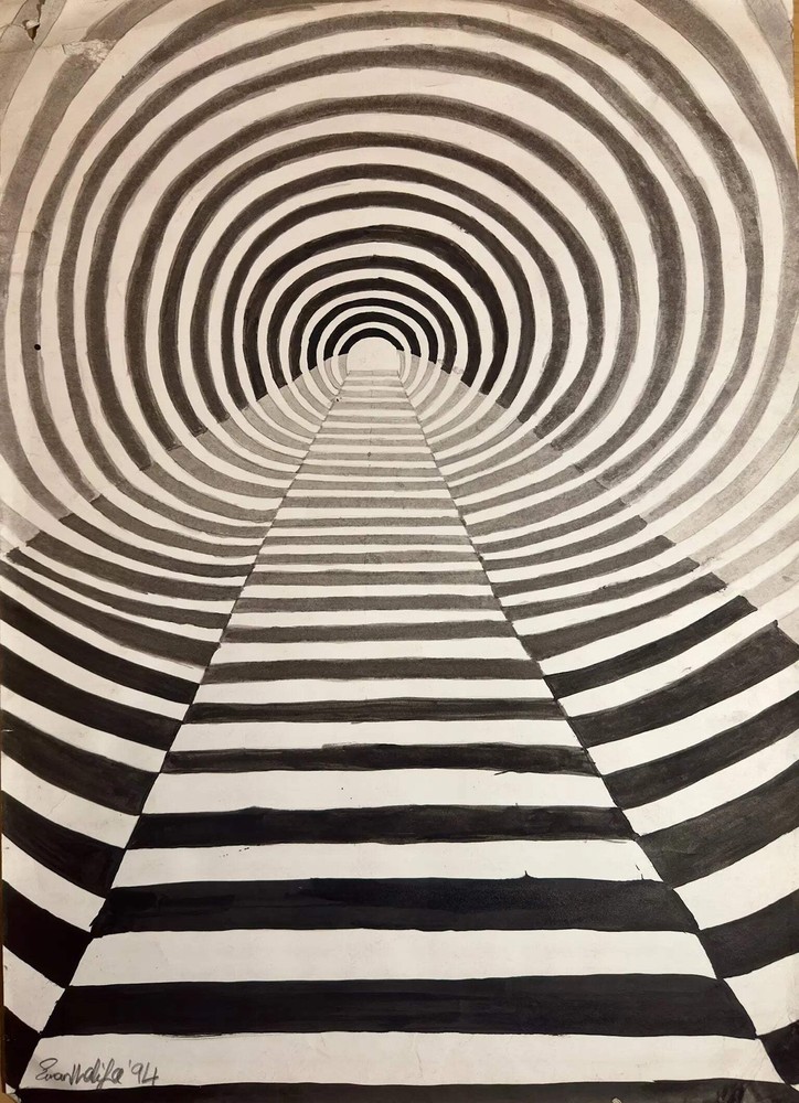 Tunnel of Illusion – Framed Original Painting, Optical Illusion Monochrome, by E